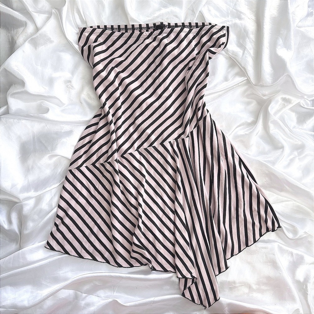 PS Persuasion Pink Black Striped Asymmetrical Tube Top Mini Skirt Y2K L